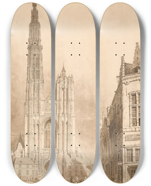 Triptych art skateboard deck of Thomas Sidney Cooper View Of Antwerp Cathedral by Thomas Sidney Cooper (1803-1902)