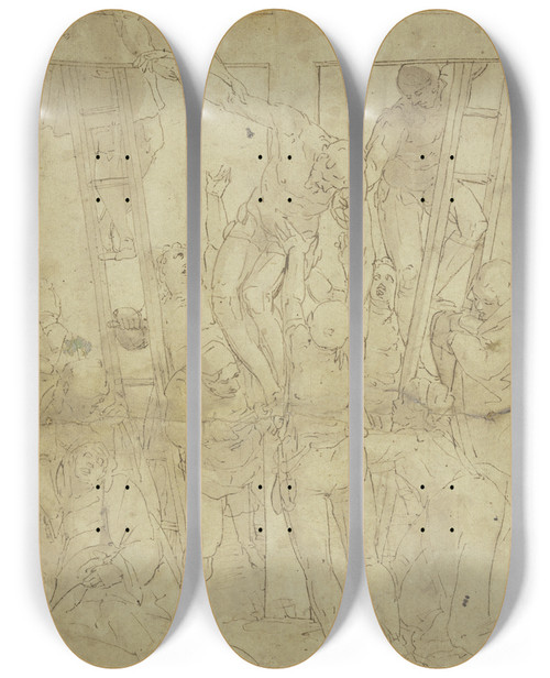 Triptych art skateboard deck of Luca Cambiaso Deposition From The Cross_2 by Luca Cambiaso (1527-1585)