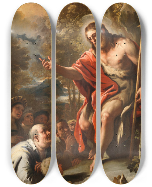 Triptych art skateboard deck of Luca Giordano Saint John Preaching In The Wilderness by Luca Giordano (1634-1705)