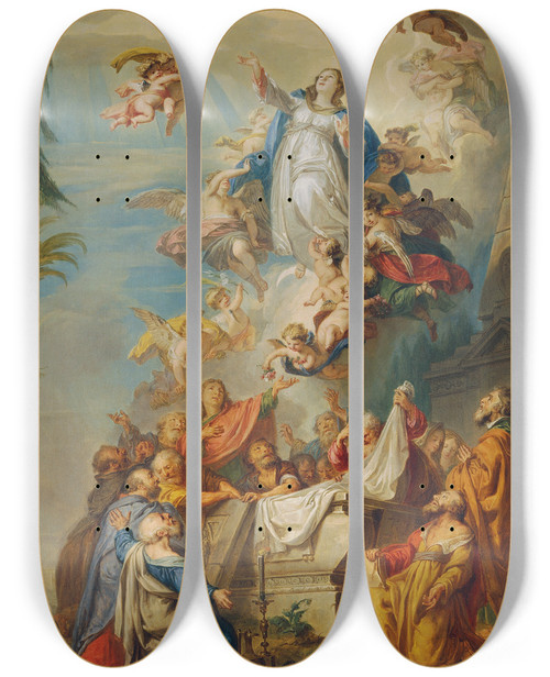 Triptych art skateboard deck of Vinzenz Fischer The Assumption Of Mary by Vinzenz Fischer (1729-1810)