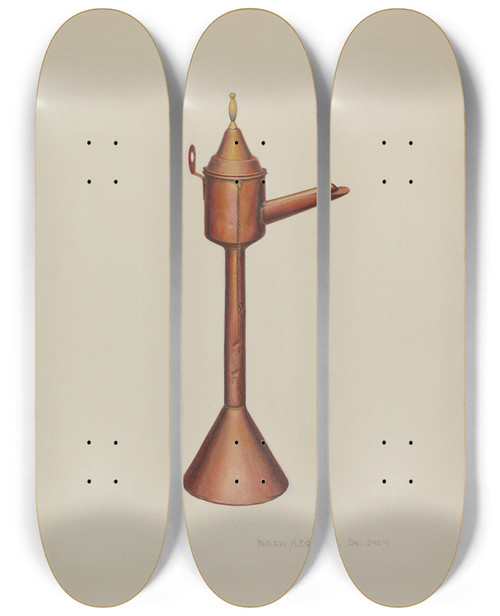 Triptych art skateboard deck of William H Edwards Whale Oil Lamp by William H Edwards