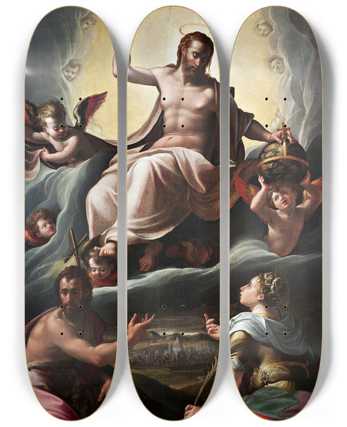 Triptych art skateboard deck of Girolamo Macchietti Pala Lioni by Girolamo Macchietti (1535-1592)