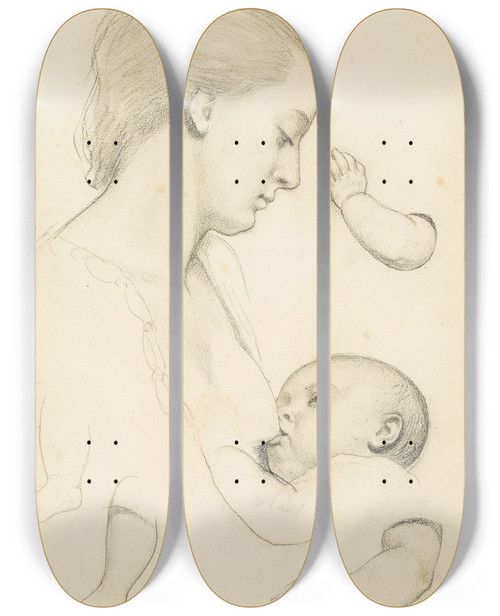 Triptych art skateboard deck of Ford Madox Brown Infants Repast Study Of A Mother And Child With Separate Arm And Leg Studies Of The Child by Ford Madox Brown (1821-1893)