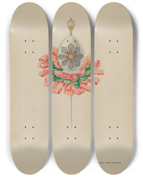 Triptych art skateboard deck of Harry Mann Waddell Cascarone Eggshell Stick Pin by Harry Mann Waddell (1876-1956)