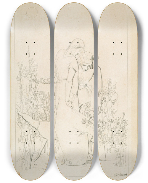 Triptych art skateboard deck of Sir John Everett Millais Lovers By A Rosebush_2 by Sir John Everett Millais (1829-1896)