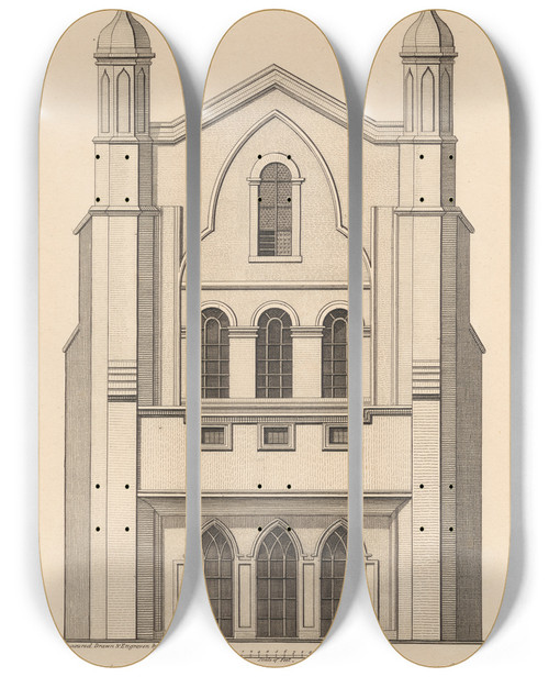Triptych art skateboard deck of John Thomas Smith Geometrical View Of St Stephens Chapel As It Appeared Before The Alterations In 1806 And After Mr Sandbys View Which Was Taken About 1755 by John Thomas Smith (1766-1833)