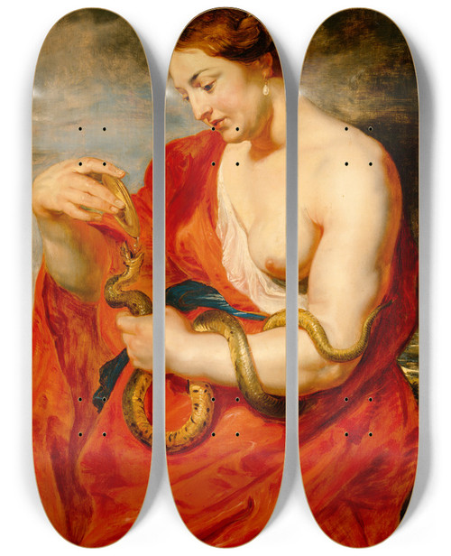 Triptych art skateboard deck of Peter Paul Rubens Hygeia Goddess Of Health by Peter Paul Rubens (1577-1640)
