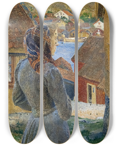 Triptych art skateboard deck of Carl Wilhelmson Eventide Bohusln by Carl Wilhelmson (1866-1928)