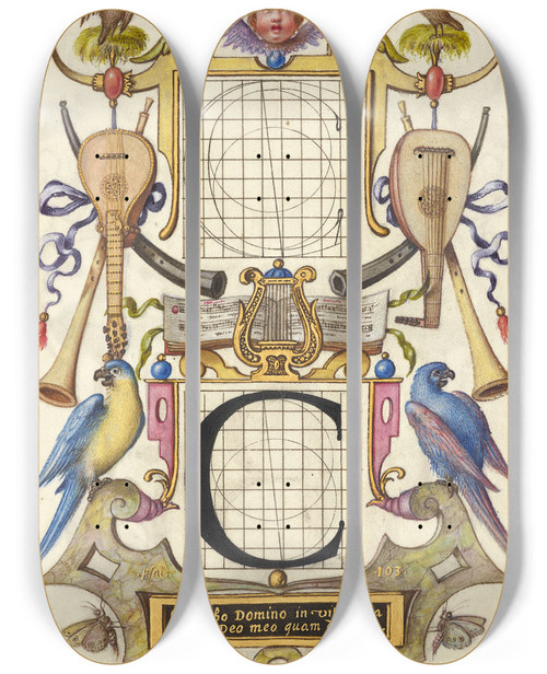 Triptych art skateboard deck of Joris Hoefnagel Guide For Constructing The Letter C by Joris Hoefnagel (1542-1600)