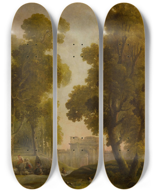 Triptych art skateboard deck of Hubert Robert Washerwomen In A Landscape With A Group Of Shepherds Before An Alleof Trees by Hubert Robert (1733-1808)