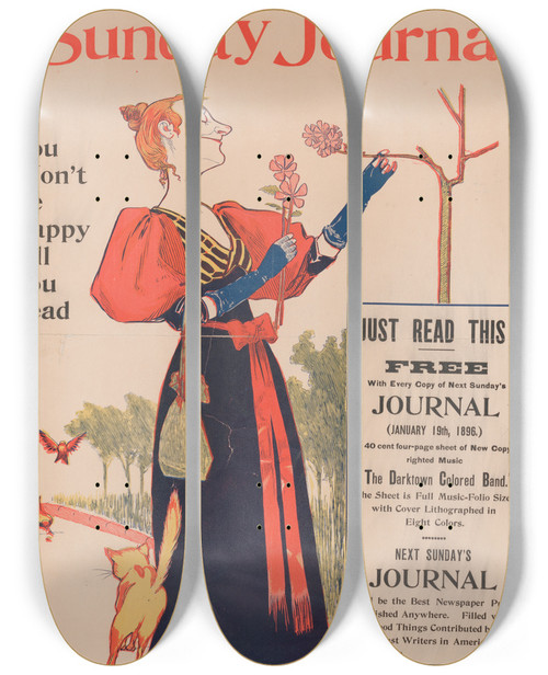 Triptych art skateboard deck of George Reiter Brill New York Sunday Journal You Wont Be Happy Till You Read It by George Reiter Brill (1867-1918)