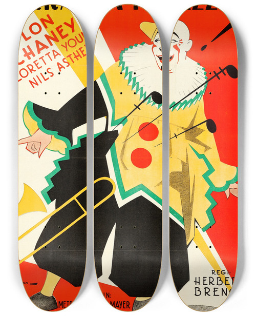Triptych art skateboard deck of Eric Rohman Laugh Clown Laugh by Eric Rohman (1891-1949)