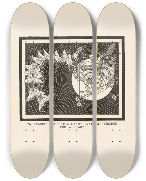 Triptych art skateboard deck of Dugald Stewart Walker A Fragile Craft Piloted By A Fairy Perched Like A Star by Dugald Stewart Walker (1883-1937)