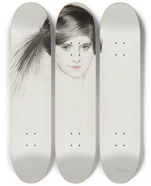 Triptych art skateboard deck of Paul Csar Helleu Head Of Helena Rubinstein With Egret Feathers by Paul Cesar Helleu (1859-1927)