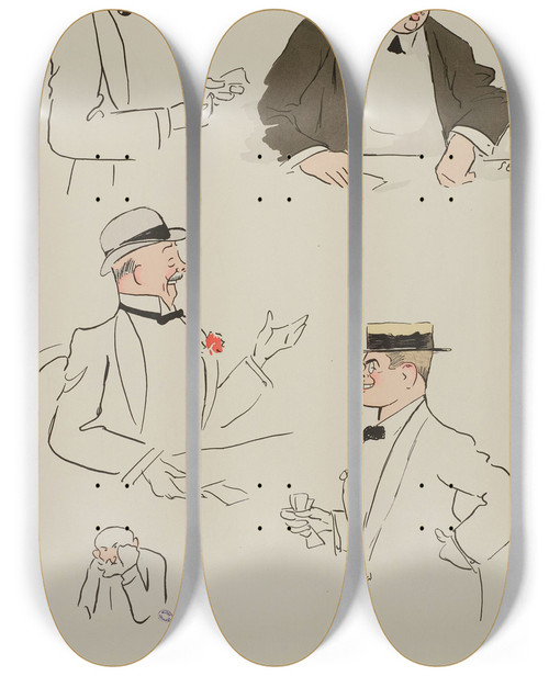 Triptych art skateboard deck of Georges Goursat Sem Cinq Personnages Dont M Fischoff Et M Kahn by Georges Goursat (Sem) (1863-1934)