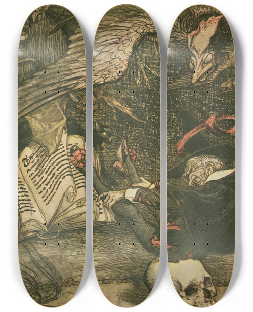Triptych art skateboard deck of Arthur Rackham The Little Man Had Seated Himself In The Centre Of The Circle Upon The Large Skull by Arthur Rackham (1867-1939)