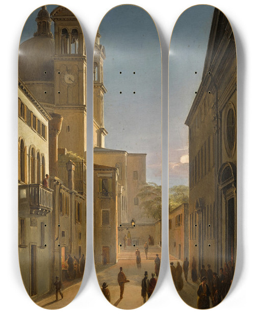 Triptych art skateboard deck of Frans Vervloet Venice The Rio Terr Catecumeni With Santa Maria Della Salute In The Distance by Frans Vervloet (1795-1872)