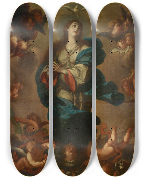 Triptych art skateboard deck of Antonio Acisco Palomino De Castro Y Velasco Immaculate Conception by Antonio Acisco Palomino De Castro Y Velasco (1655-1726)