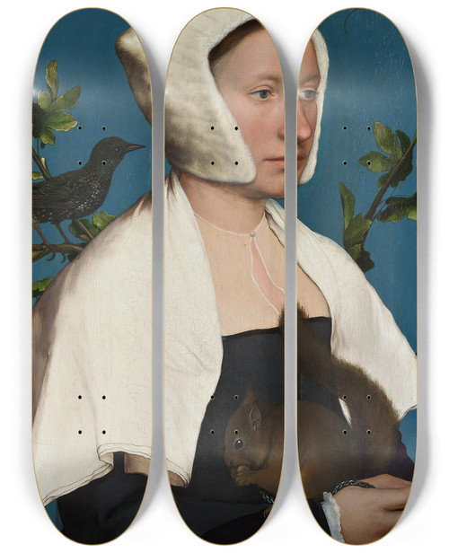 Triptych art skateboard deck of Hans Holbein The Younger A Lady With A Squirrel And A Starling by Hans Holbein The Younger (1497-1543)