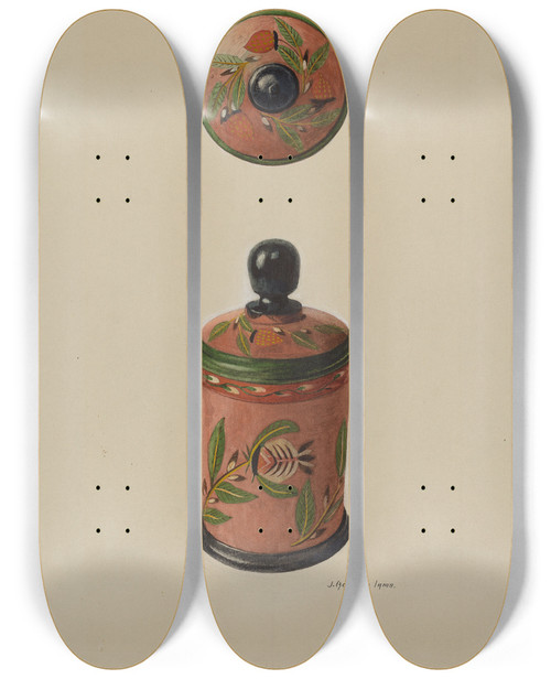 Triptych art skateboard deck of J Howard Iams Pa German Saffron Box by J Howard Iams (20-)