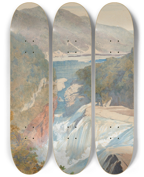 Triptych art skateboard deck of James Crowe Richmond Te Reinga Falls Of The Wairoa Hawkes Bay by James Crowe Richmond (1822-1898)