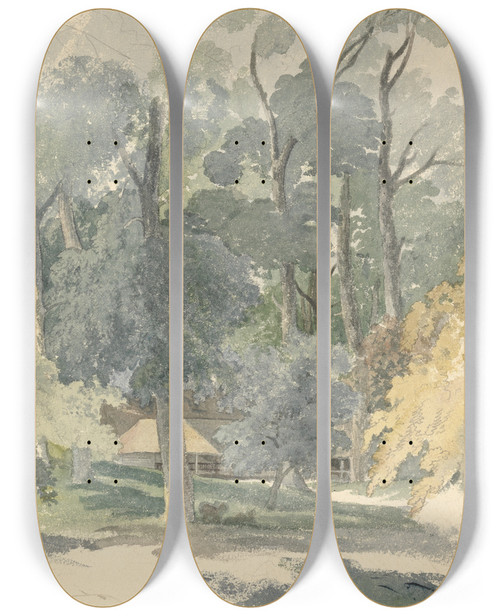 Triptych art skateboard deck of Robert Hills Trees And Barns In Ashstead Park Surrey by Robert Hills (1769-1844)