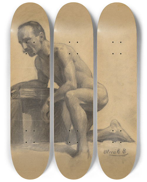 Triptych art skateboard deck of Emil Alexayolexk Study Of A Man Kneeling On One Knee by Emil Alexay-Olexk