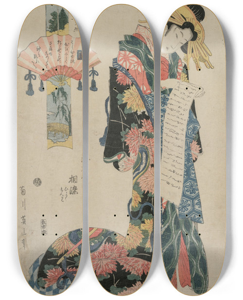 Triptych art skateboard deck of Kikukawa Eizan The Courtesan Aizome Of The Ebiya From The Series Eight Views Of The Tale Of Genji by Kikukawa Eizan (1787-1867)