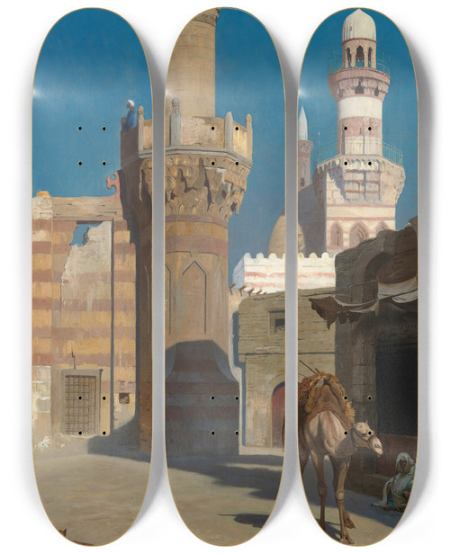 Triptych art skateboard deck of Jeanlon Grme Une Journe Chaude Au Caire Devant La Mosque by Jean-Lon Grme (1824-1904)