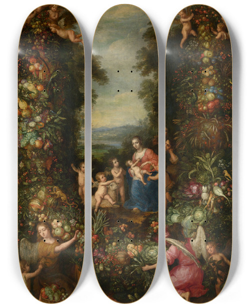 Triptych art skateboard deck of Pieter Van Avont The Holy Family With The Infant Saint John The Baptist Surrounded By A Garland Of Flowers Vegetables And Fruit by Pieter Van Avont (1600-1652)