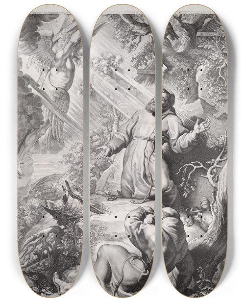 Triptych art skateboard deck of Lucas Emil Vorsterman Saint Francis Receiving The Stigmata by Lucas Emil Vorsterman (1595-1675)
