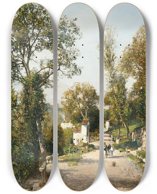 Triptych art skateboard deck of Robert Russ Landscape In South Tyrol by Robert Russ (1847-1922)