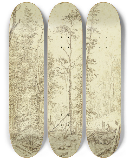 Triptych art skateboard deck of Albert Meyeringh Partie In Einem Tannenwald Mit Wasser Und Einer Brck by Albert Meyeringh (1645-1714)