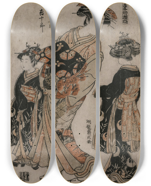 Triptych art skateboard deck of Isoda Korysai The Courtesan Kichijuro Of Kage Manjiya With Two Kamuro From The Series Models For Fashions New Designs As Fresh As Young Leaves by Isoda Koryusai (1735-1790)