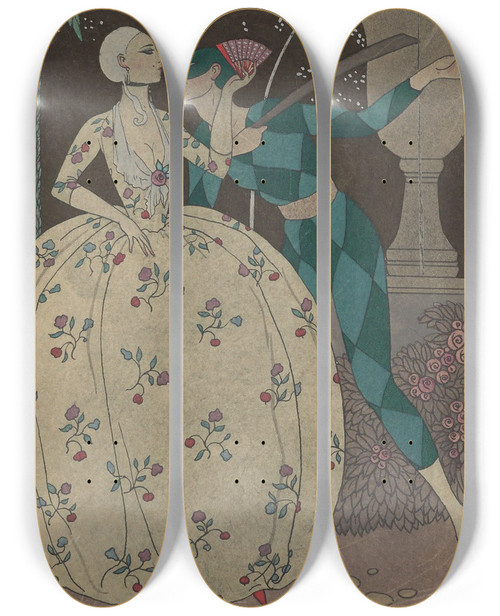 Triptych art skateboard deck of George Barbier Arlequin by George Barbier (1882-1932)