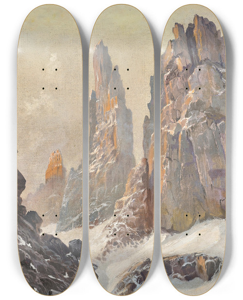 Triptych art skateboard deck of Toni Haller The Tre Cime Di Lavaredo by Toni Haller (1907-1944)