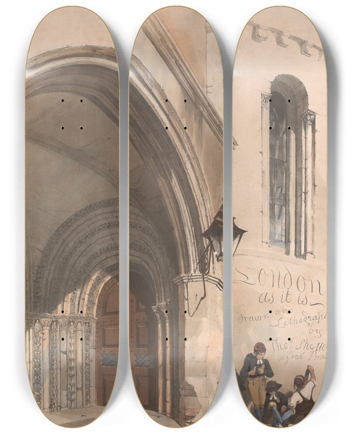 Triptych art skateboard deck of Thomas Shotter Boys Title Page Of A Set Of Lithographs Of London by Thomas Shotter Boys (1803-1874)