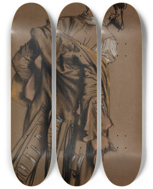 Triptych art skateboard deck of Adolph Von Menzel Artists Model Seen In Back View Putting On An Eighteenthcentury Uniform by Adolph Von Menzel (1815-1905)