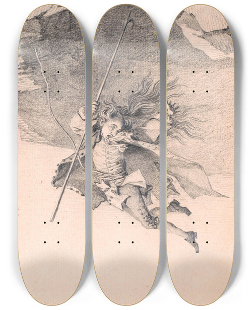 Triptych art skateboard deck of Jens Juel Niels Klim Plunging Into The Underworld by Jens Juel (1745-1802)