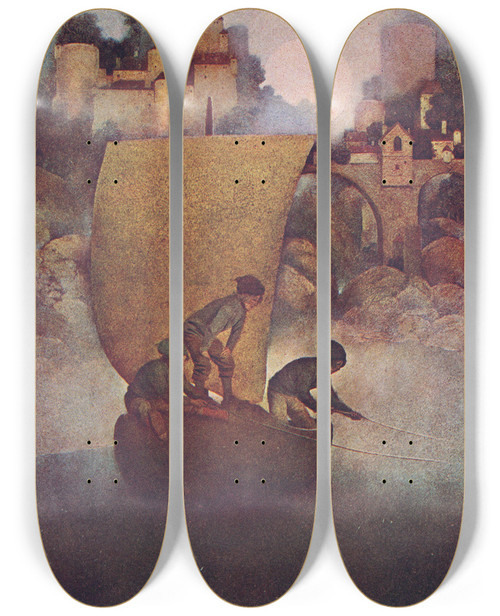 Triptych art skateboard deck of Maxfield Parrish Wynken Blynken And Nod by Maxfield Parrish (1870-1966)