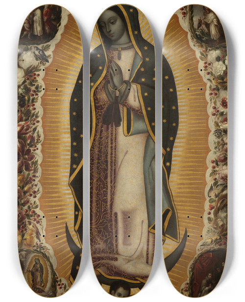 Triptych art skateboard deck of Manuel De Arellano Virgin Of Guadalupe La Virgen De Guadalupe by Manuel de Arellano (1662-1722)