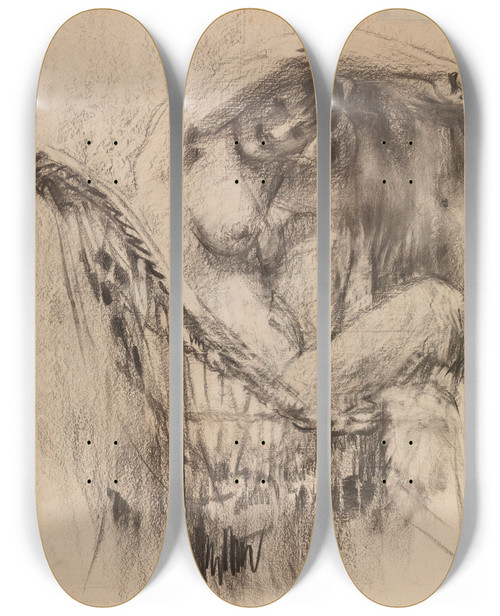 Triptych art skateboard deck of Rik Wouters Nude In A Cane Chair by Rik Wouters (1882-1916)