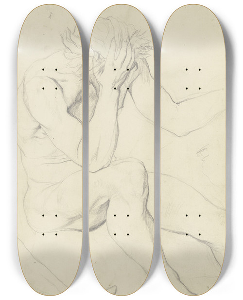 Triptych art skateboard deck of Victor Mller Sitzender Mann Als Aktfigur Aus Trost Abschied by Victor Muller (1829-1871)