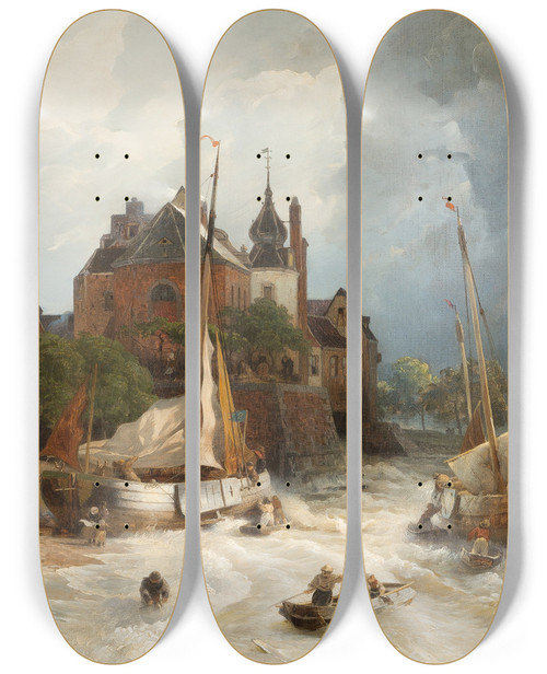 Triptych art skateboard deck of Andreas Achenbach Beach By A Town With Old Tower And Rampart by Andreas Achenbach (1815-1910)