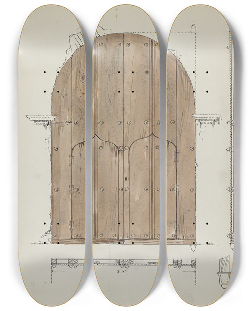 Triptych art skateboard deck of Geoffrey Holt Restoration Drawing Of Original Needles Eye Doors Formerly Main Entrance Doors Of by Geoffrey Holt (20-)