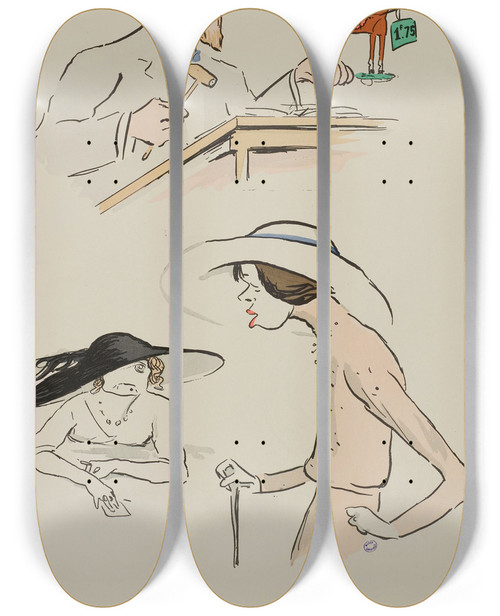 Triptych art skateboard deck of Georges Goursat Sem Chri Albronn Et Deux Femmes by Georges Goursat (Sem) (1863-1934)