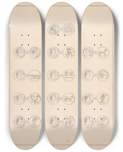 Triptych art skateboard deck of Luigi Balugani Coins Of Juba I And Ii by Luigi Balugani (1737-1770)