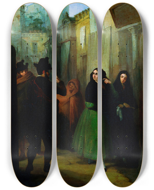 Triptych art skateboard deck of Joaqun Domnguez Bcquer Rendezvous In The Street by Joaquin Dominguez Becquer (1819-1879)