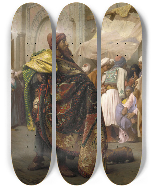 Triptych art skateboard deck of Jeanlon Grme The Carpet Merchant Of Cairo by Jean-Lon Grme (1824-1904)