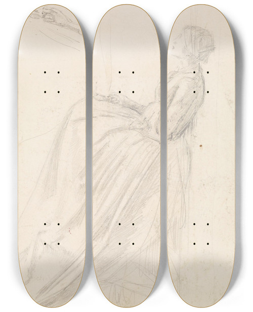 Triptych art skateboard deck of Sir John Everett Millais Female Sketch Of A Seated Woman Holding Lamp by Sir John Everett Millais (1829-1896)